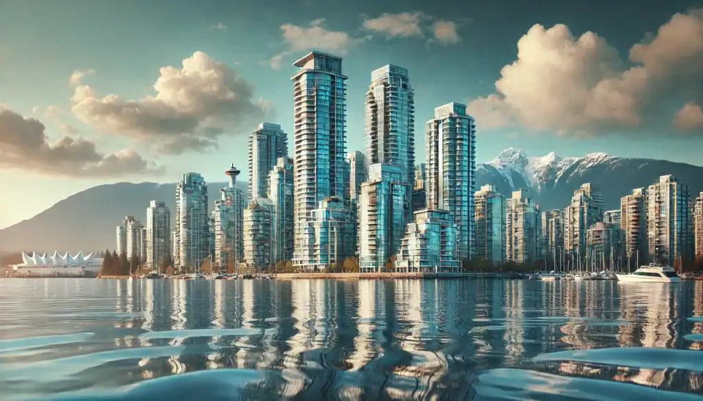 Vancouver Vancouver skyline viewed from the water, featuring modern glass high-rise condo towers along the waterfront. Calm ocean
